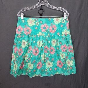 Third Coast Large Floral Cotton Casual Skirt Raw Hem Side Zip Colorful Pleated